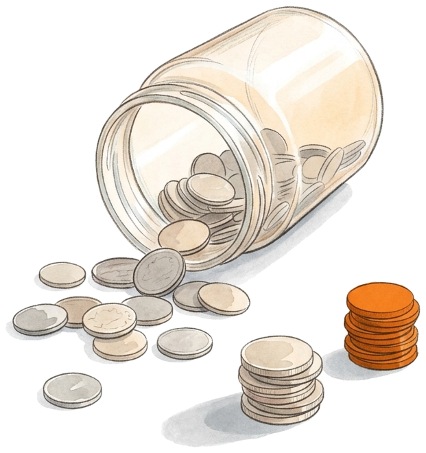 a tipped-over glass jar with coins spilling out, sorted into small stacks, one stack orange