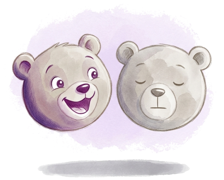 two bear faces on a soft purple wash, one laughing and one with its eyes closed