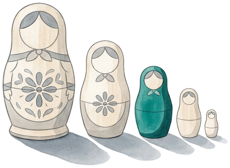 five nesting dolls in a descending row, the middle one painted teal