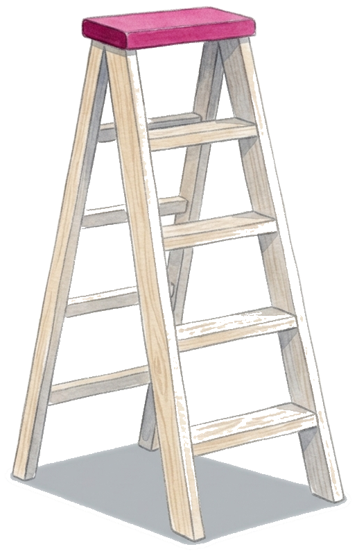 a wooden step ladder with a pink top step